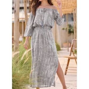 LASCANA Gray White Tie Dye Maxi Dress Carmen Neck Smocked Waist Slit Boho Sz M